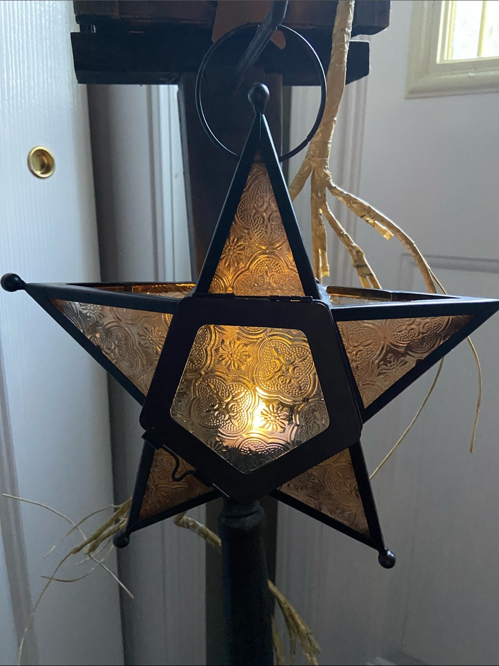 Amber Star Hanging Lantern - Decorative Metal & Glass Accent